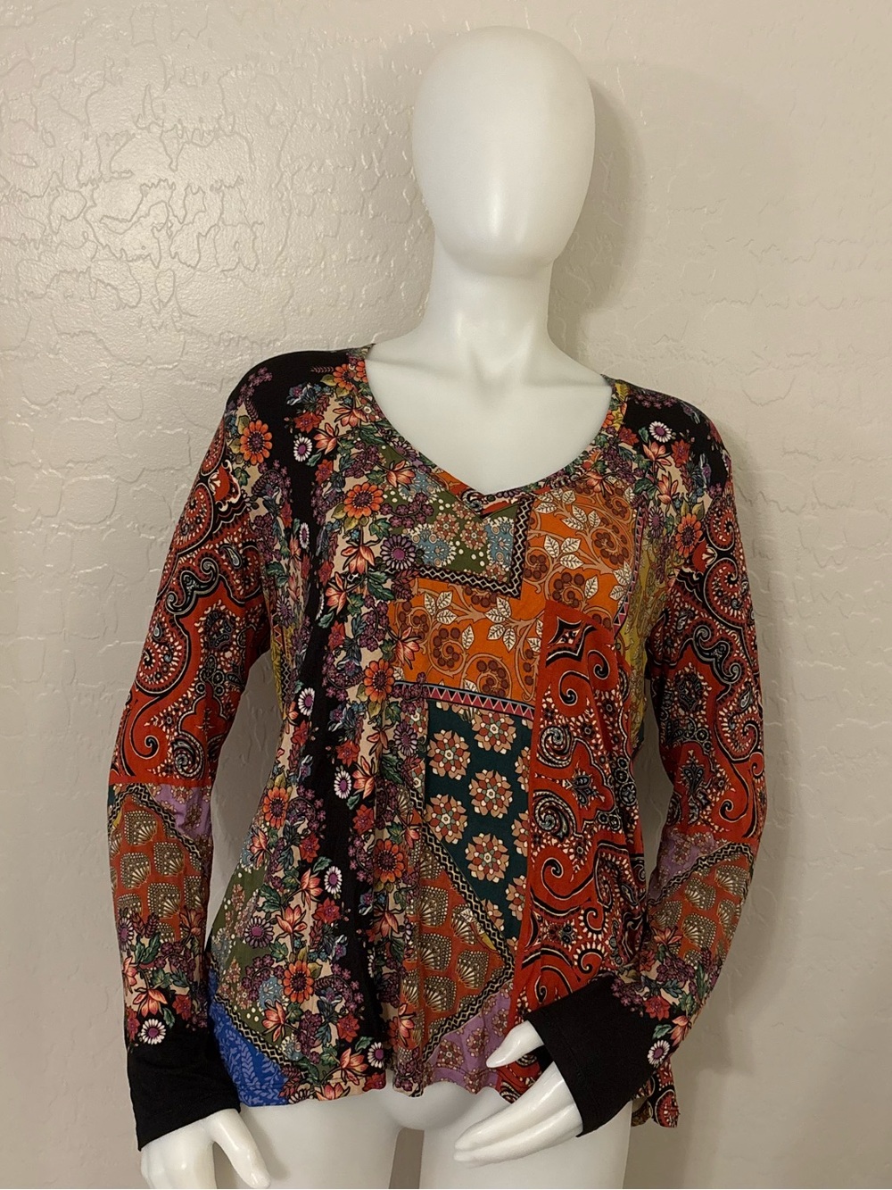 Johnny Was Floral Paisley Moa Long Sleeves Hippie Boho Swing Tee Medium